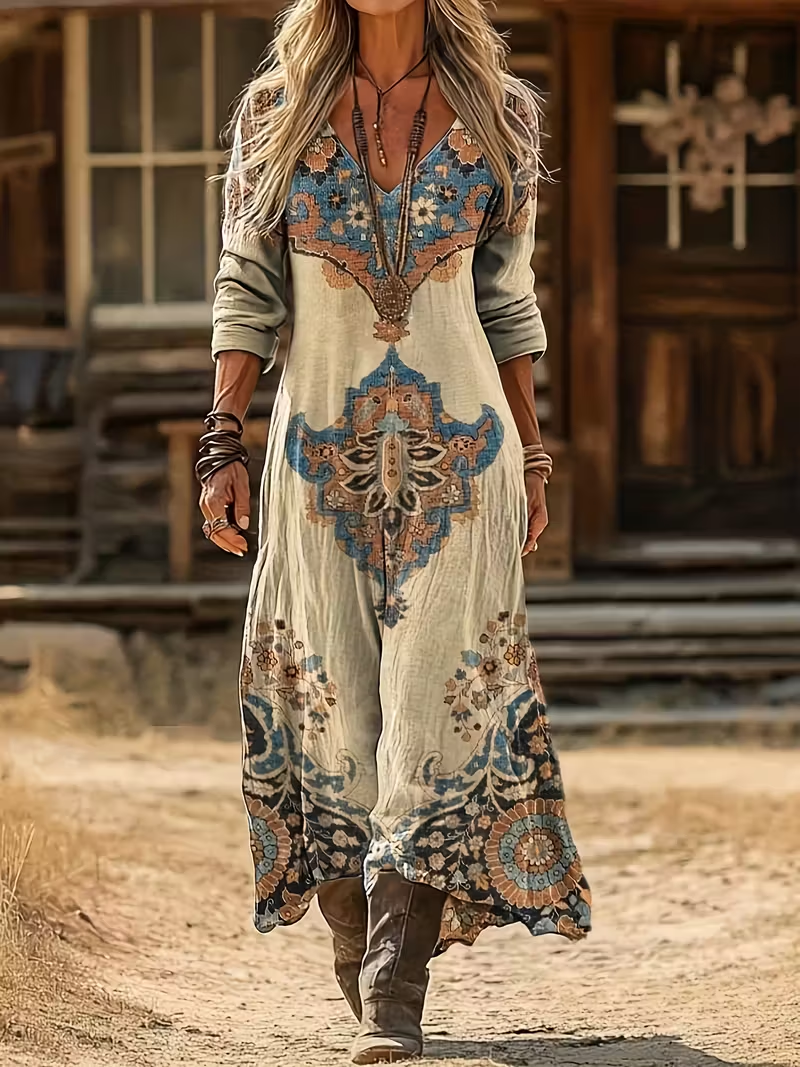 Women's Long Sleeve Spring/Fall Khaki Abstract Printing V Neck Daily Going Out Vintage Maxi H-Line Dress