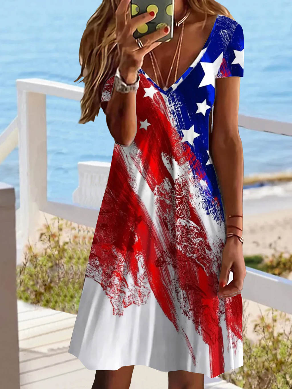 Women's Independence Day Flag Print Casual V-Neck Short Sleeve Dress