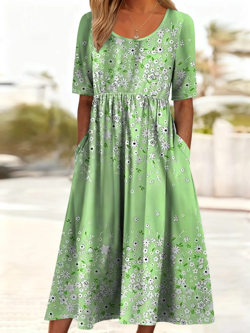 Women's Short Sleeve Summer Green Floral Printing Crew Neck Daily Going Out Casual Maxi H-Line Shift Dress Dress