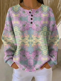 Women's Flowers Print Button-Up Casual Waffle Knit Sweatshirt