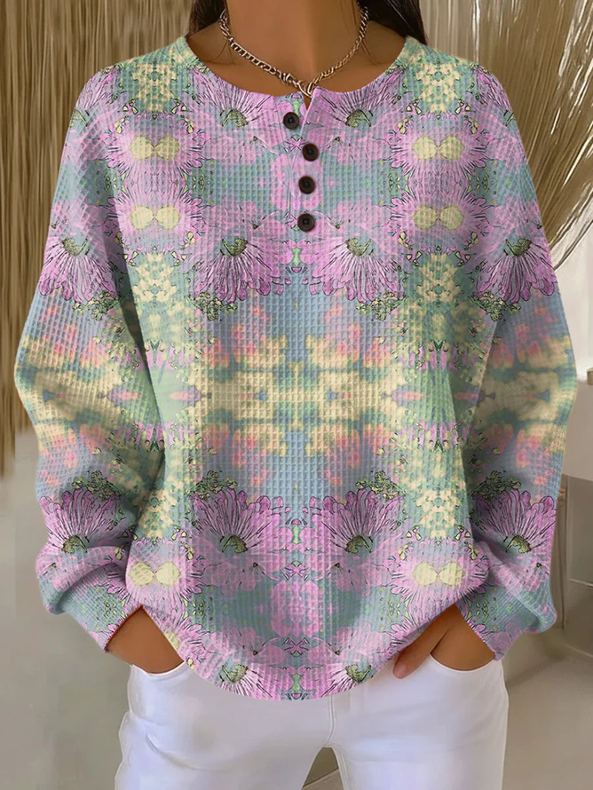 Women's Flowers Print Button-Up Casual Waffle Knit Sweatshirt