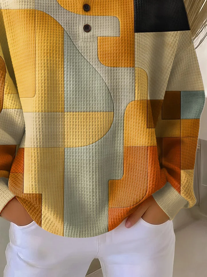 Women's Abstract Print Button-Up Casual Waffle Knit Sweatshirt