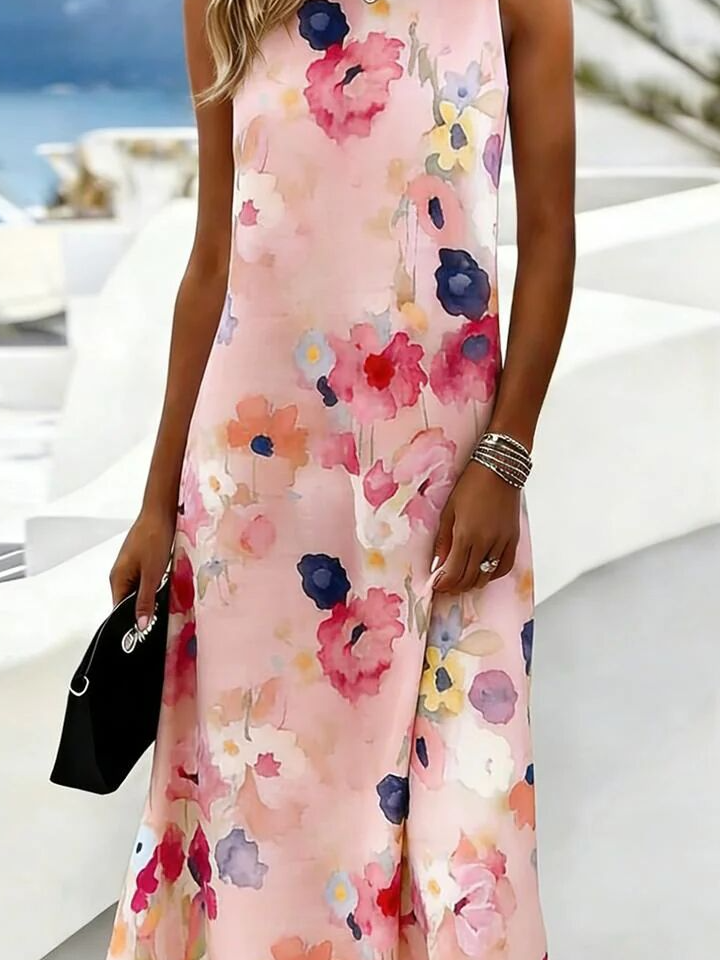Crew Neck Loose Elegant Floral Dress With No