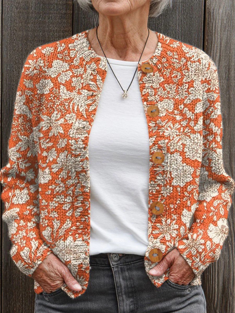 Crew Neck Vintage Loose Floral Cardigan