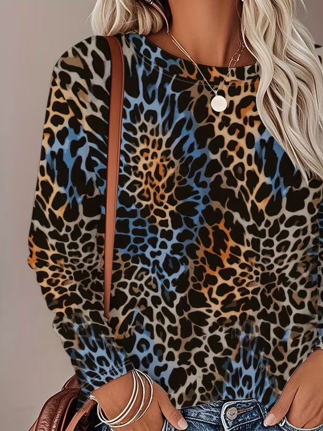 Women's Long Sleeve T-shirt Spring/Fall Brown Leopard Printing Jersey Crew Neck Daily Going Out Casual Top