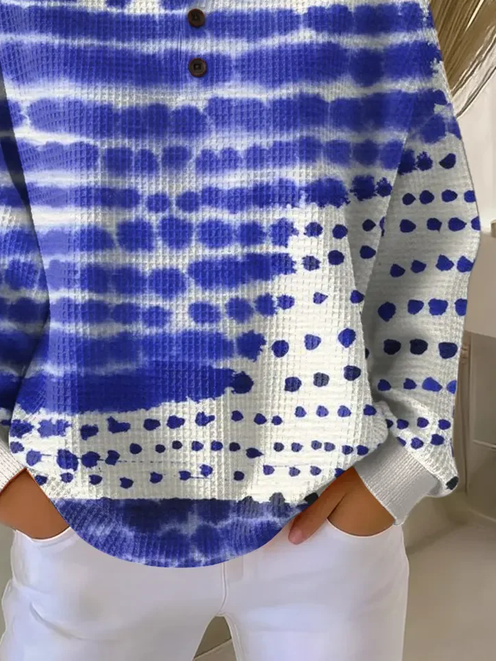 Women's Abstract Print Button-Up Casual Waffle Knit Sweatshirt
