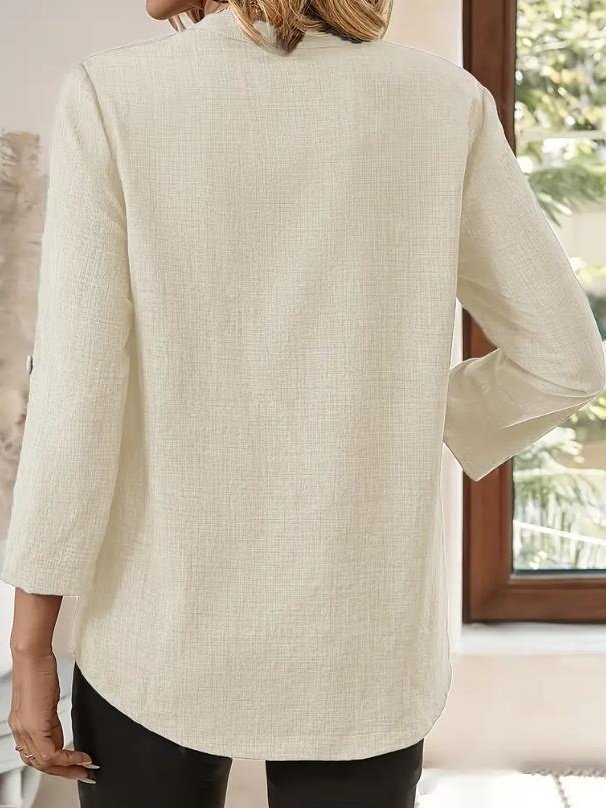 Women's Three Quarter Sleeve Shirt Spring/Fall Green Plain Split Joint Cotton And Linen V Neck Daily Going Out Casual Top
