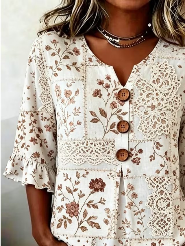 Women's Half Sleeve Blouse Summer Apricot Floral Printing V Neck Daily Going Out Vintage Top