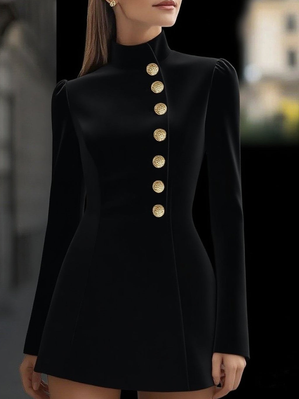 Elegant Plain Long Sleeve Stand Collar Button Dress