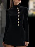 Elegant Plain Long Sleeve Stand Collar Button Dress