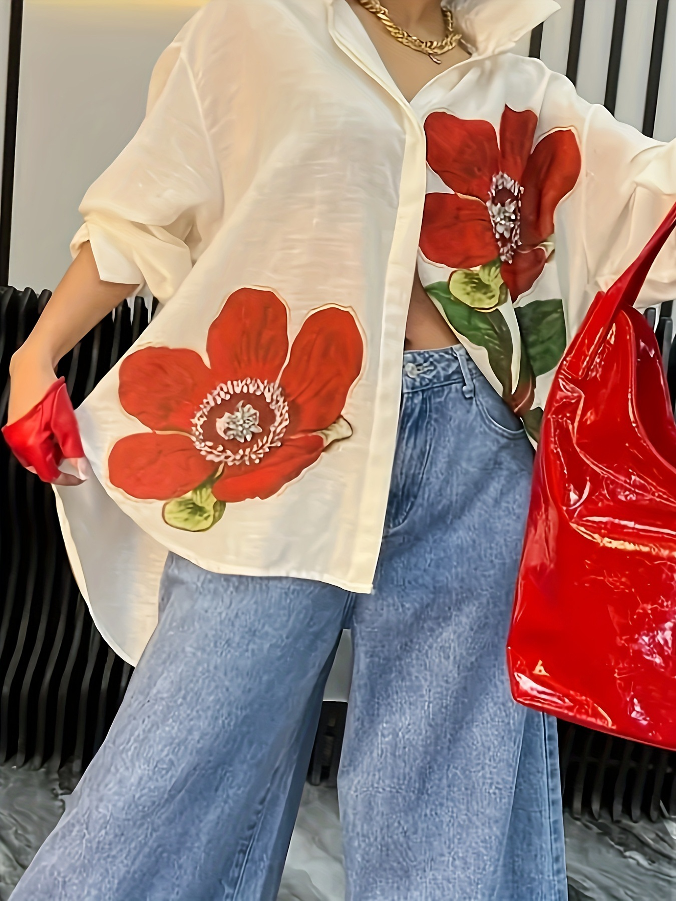 Big Scale Flower Printing Urban Shawl Collar Loose 3D Printing Casual Shirt