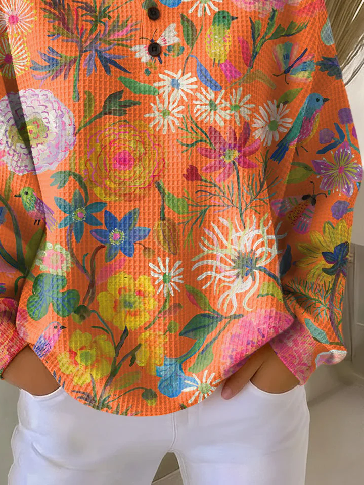 Women's Floral Print Button-Up Casual Waffle Knit Sweatshirt