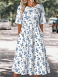 White Blue Floral Midi Dress for Women Flowy Boho Dress with Pockets