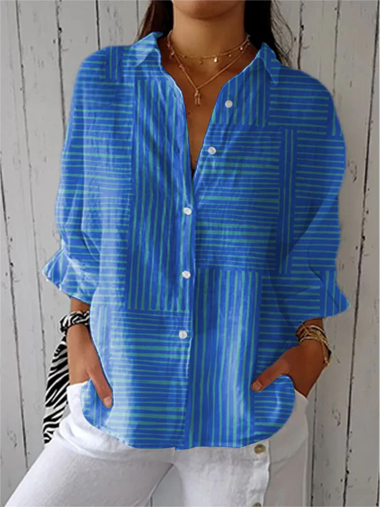 Vintage Hand Painted Casual Linen V Neck Shirt