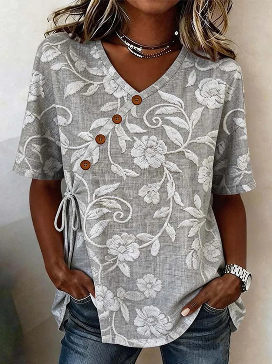Elegant Loose Crew Neck Cotton And Linen Shirt