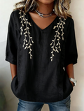 Vintage Crew Neck Loose Botanical Pattern Shirt