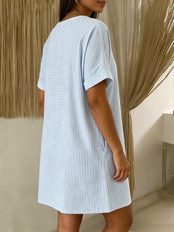 Casual Striped Henley Dress with Pockets
