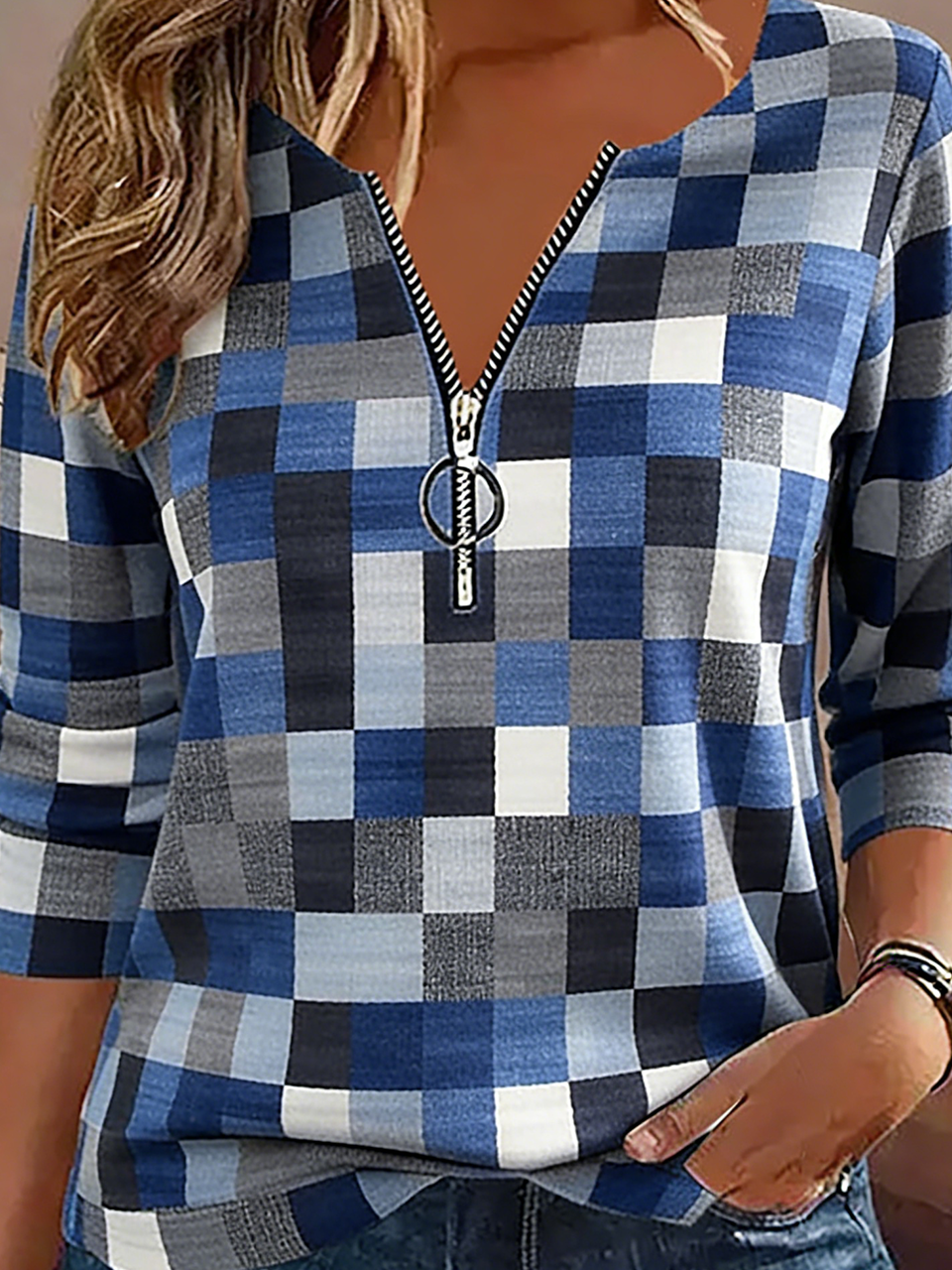 V Neck Vintage Cotton-Blend Zipper T-Shirt