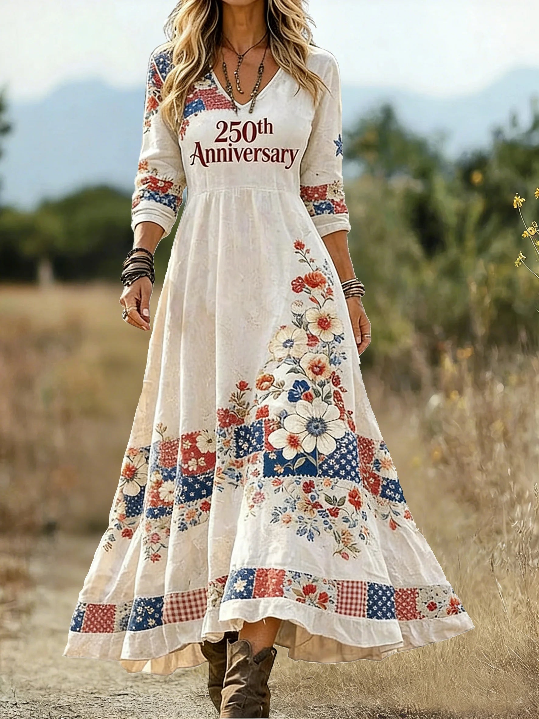 Women America Flag Spring Summer Dress Floral V Neck A-Line 250th Anniversary Letter Pattern Vintage Maxi Dress