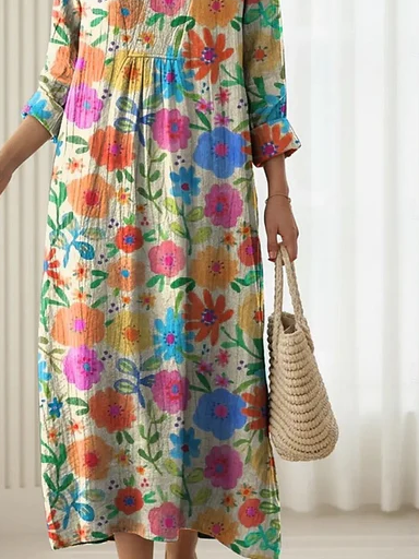 Loose Elegant V Neck Floral Dress With No