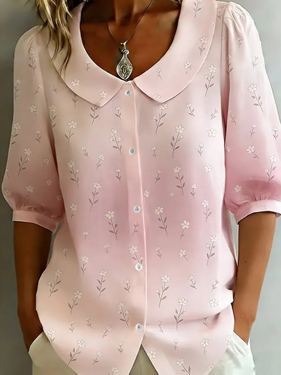 Women's Half Sleeve Shirt Summer Pink Floral Printing Shawl Collar Daily Going Out Casual Top