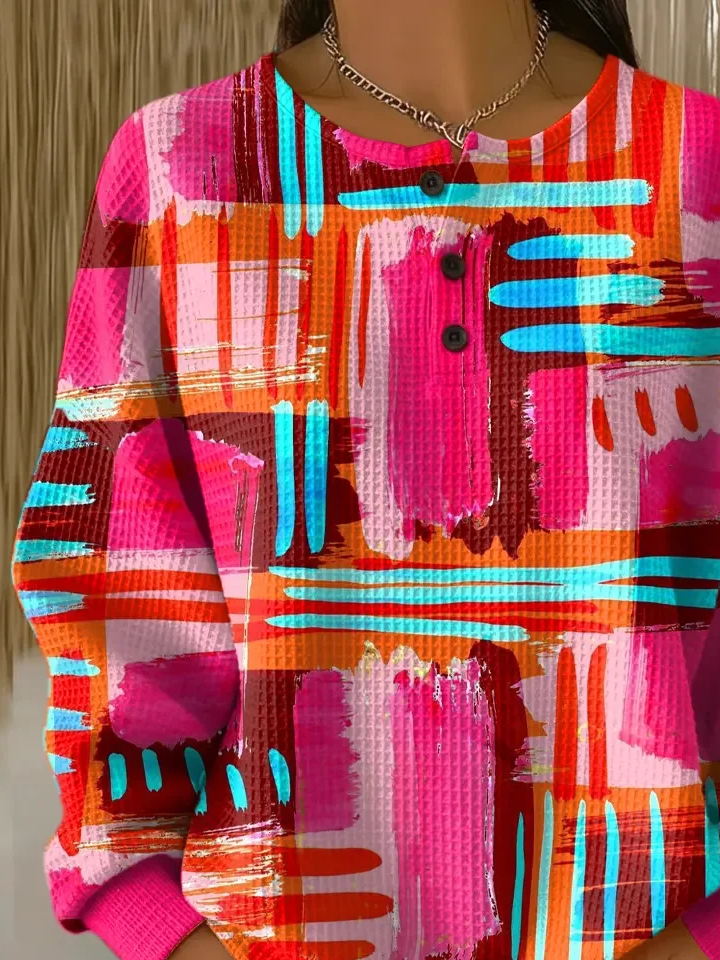Women's Abstract Print Button-Up Casual Waffle Knit Sweatshirt