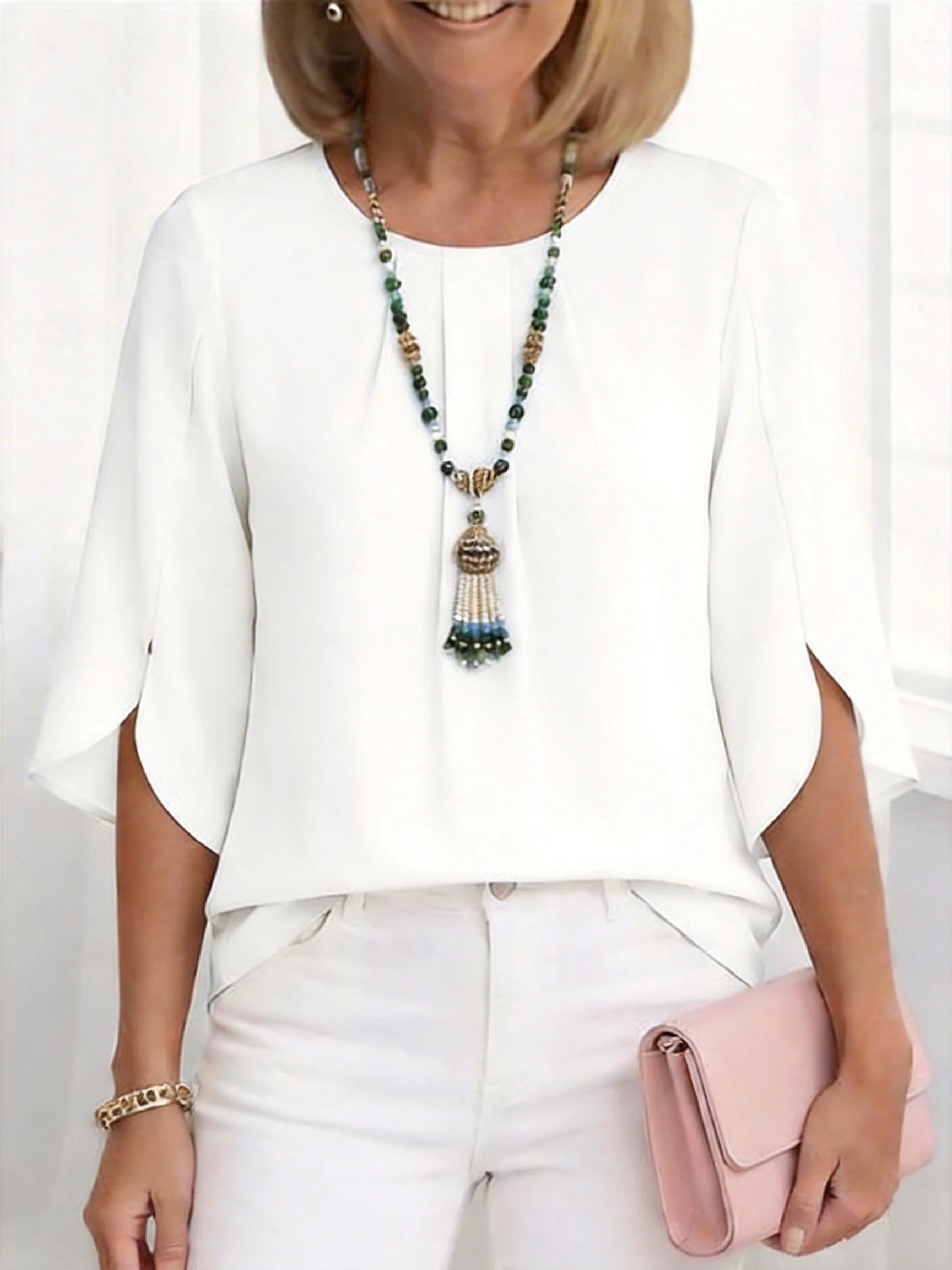 Solid Round Neck Ruffle Sleeve Loose Fit T-Shirt