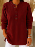 Women's Long Sleeve T-shirt Spring/Fall Wine Red Plain Buckle Corduroy Crew Neck Daily Going Out Vintage Top