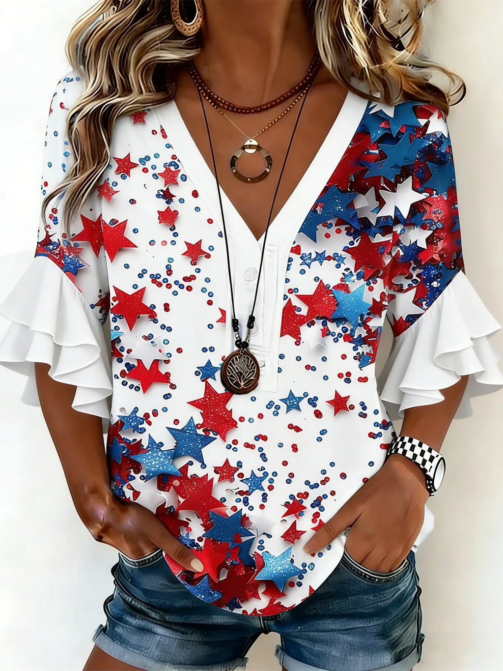 Women's V-Neck Multi-Layered Lace Design Shirt