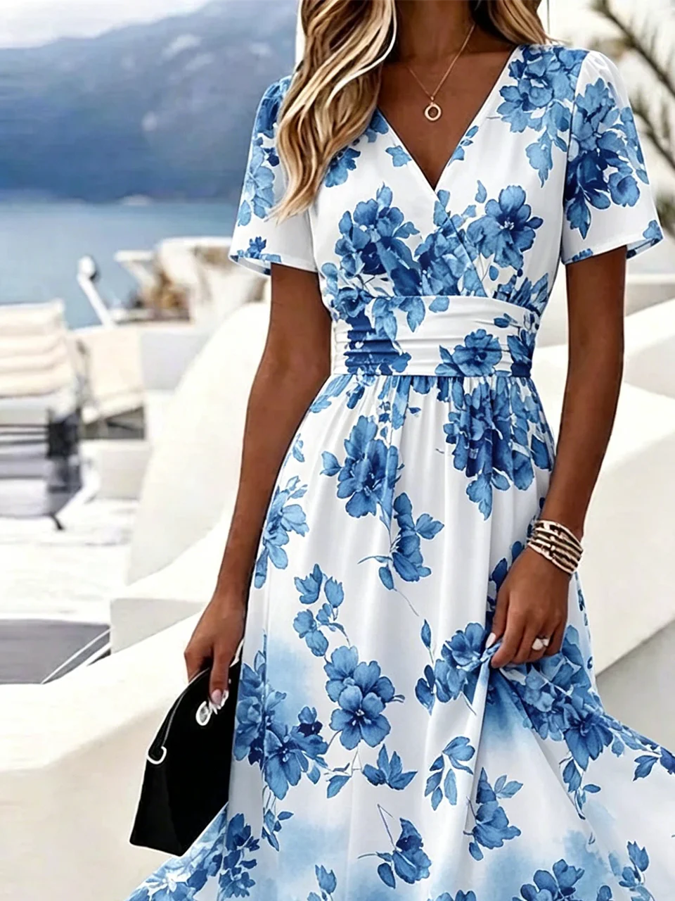 Elegant Regular Fit Floral V Neck Dress With No