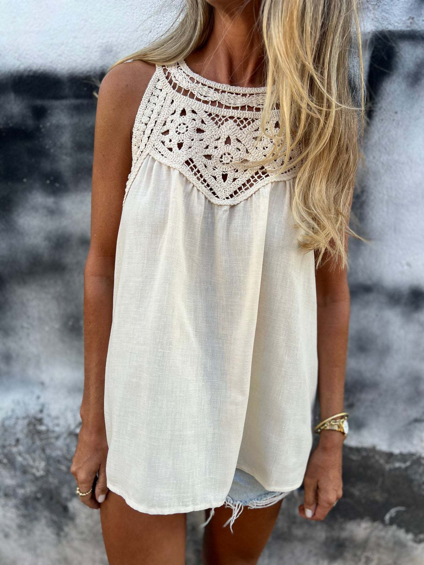Women Lace Patchwork Crew Neck Sleeveless Summer Going Out Casual Top