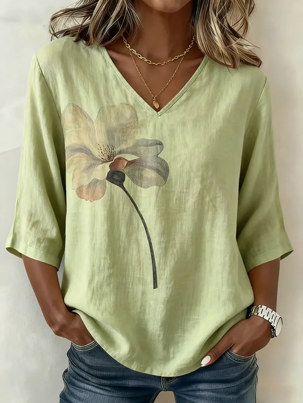 Women's Casual V-Neck Printed Top
