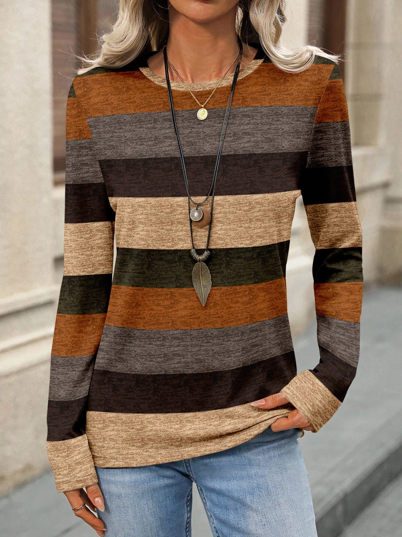 Women's Long Sleeve T-shirt Spring/Fall As Picture Multicolor Block Printing Jersey Crew Neck Daily Going Out Casual Top
