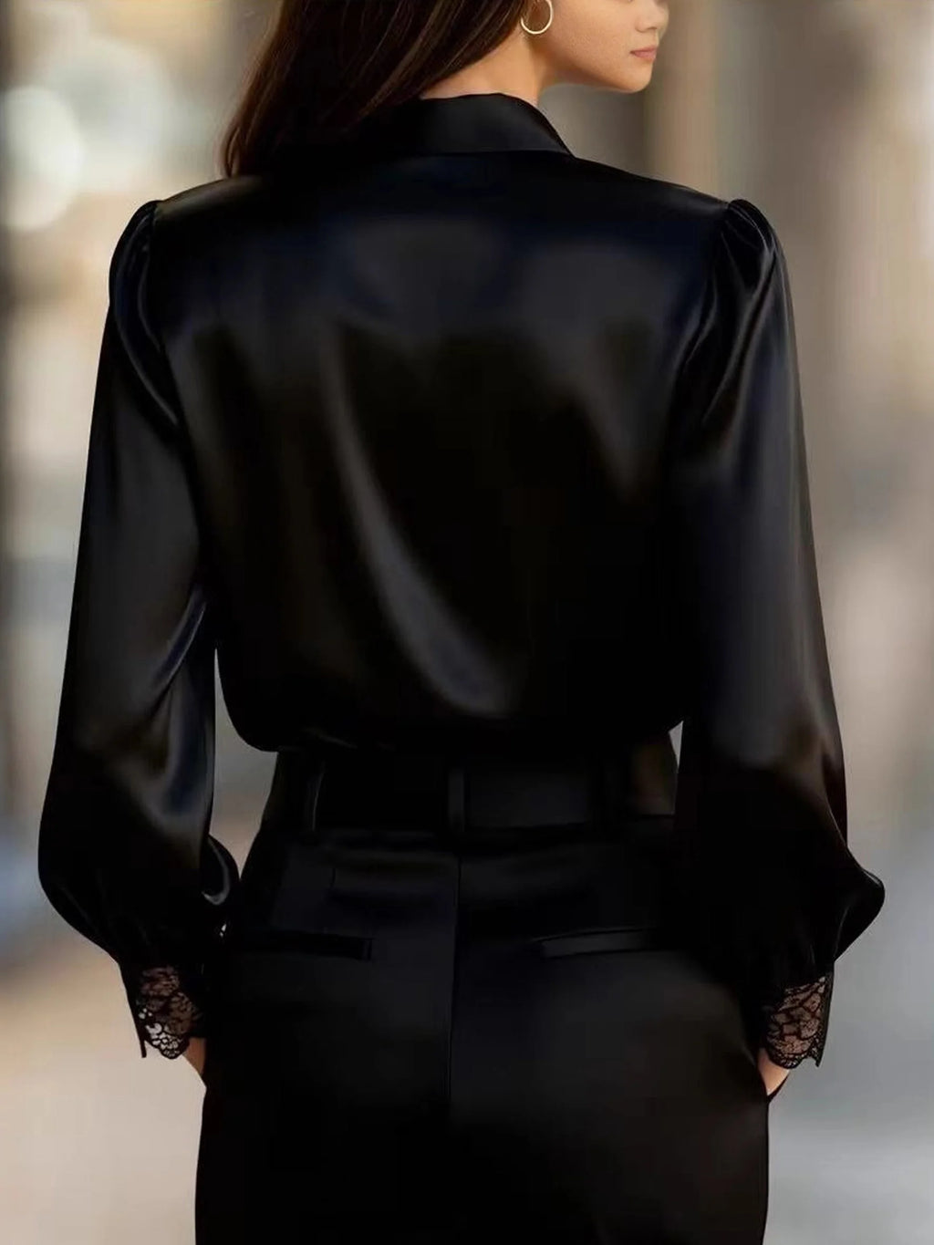 Satin Lace Block Long Sleeve Shawl Collar Elegant Going Out Shirt