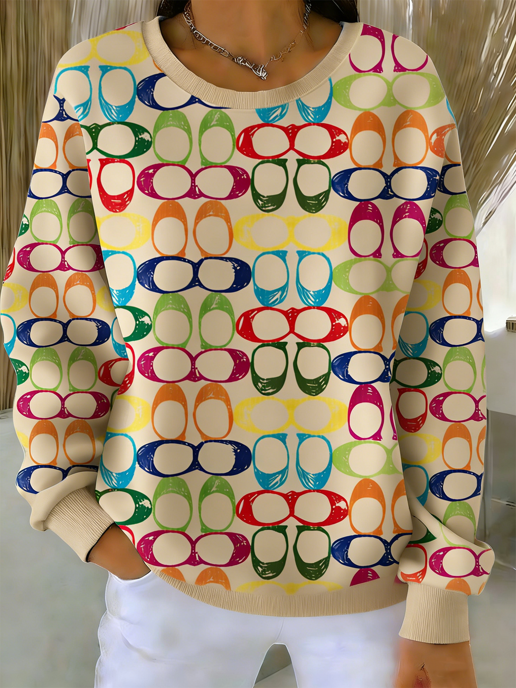 Vintage Cotton-Blend Loose Geometric Sweatshirt