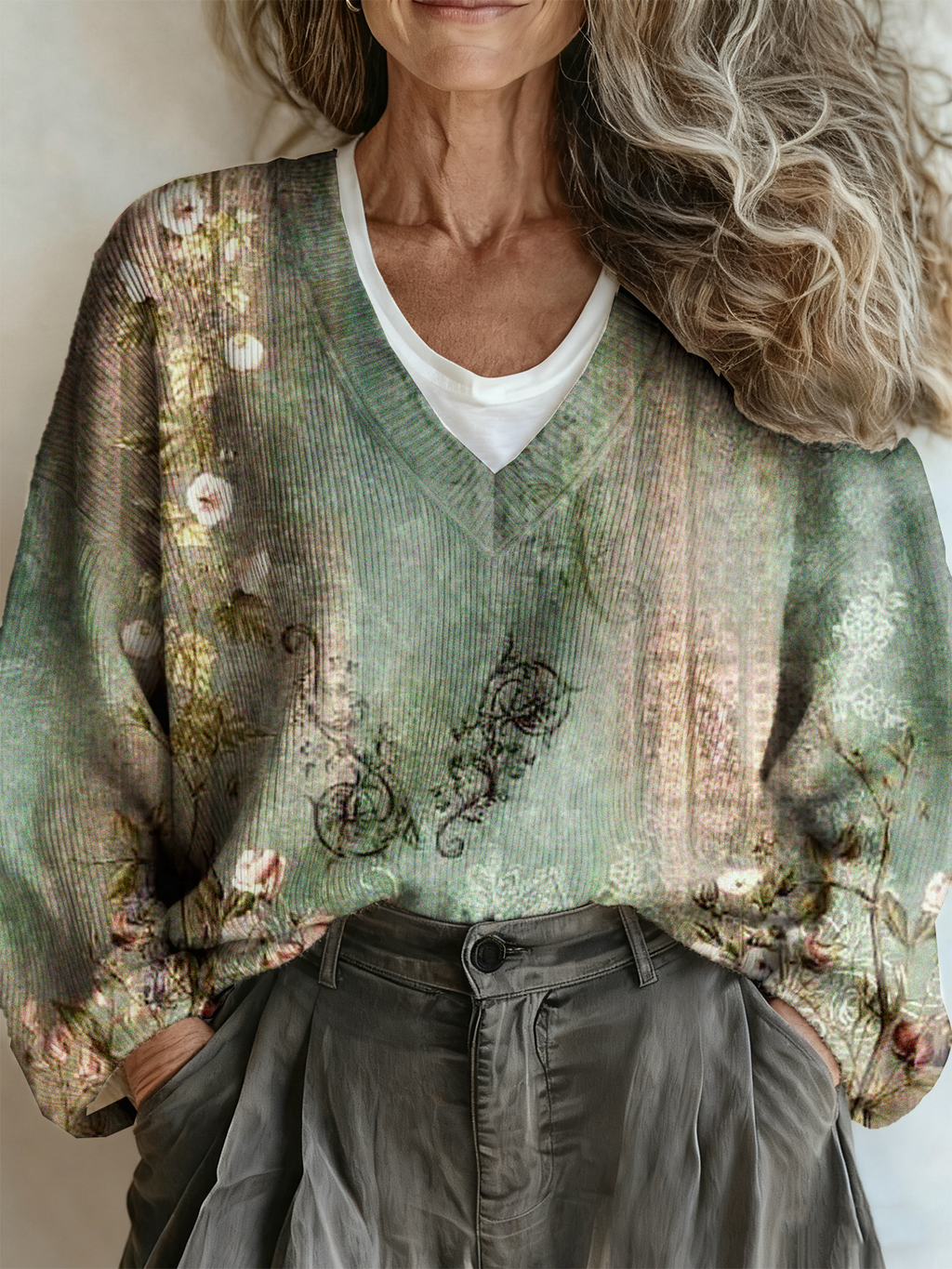 Vintage Floral Loose V Neck Sweater