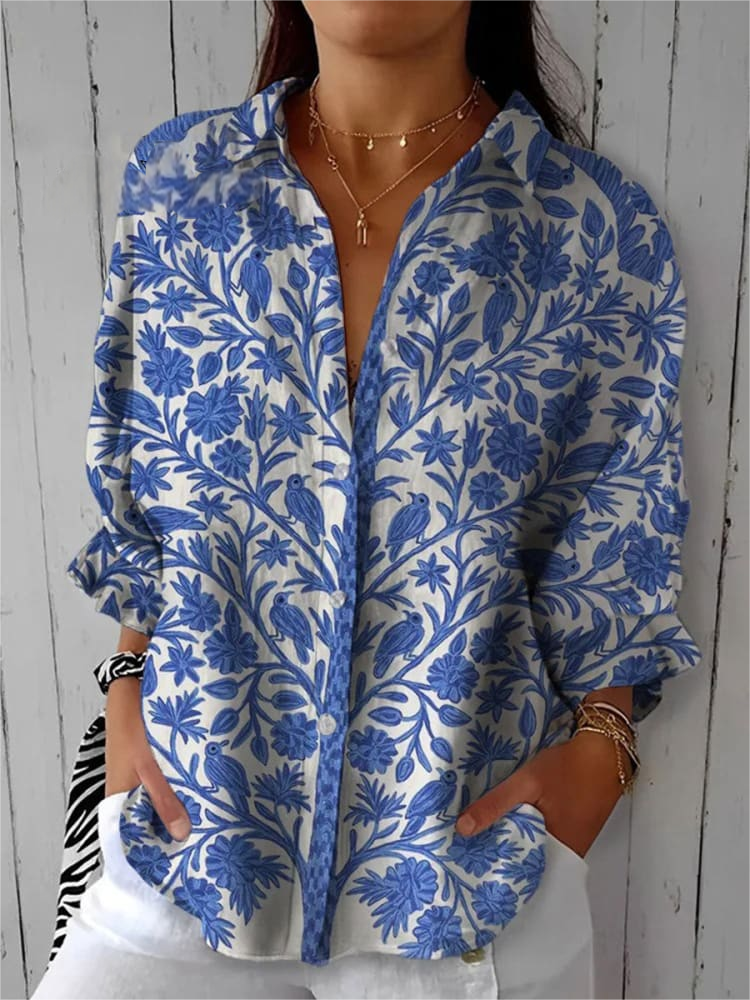 Vintage Hand Painted Floral Art Print Casual Linen V Neck Shirt