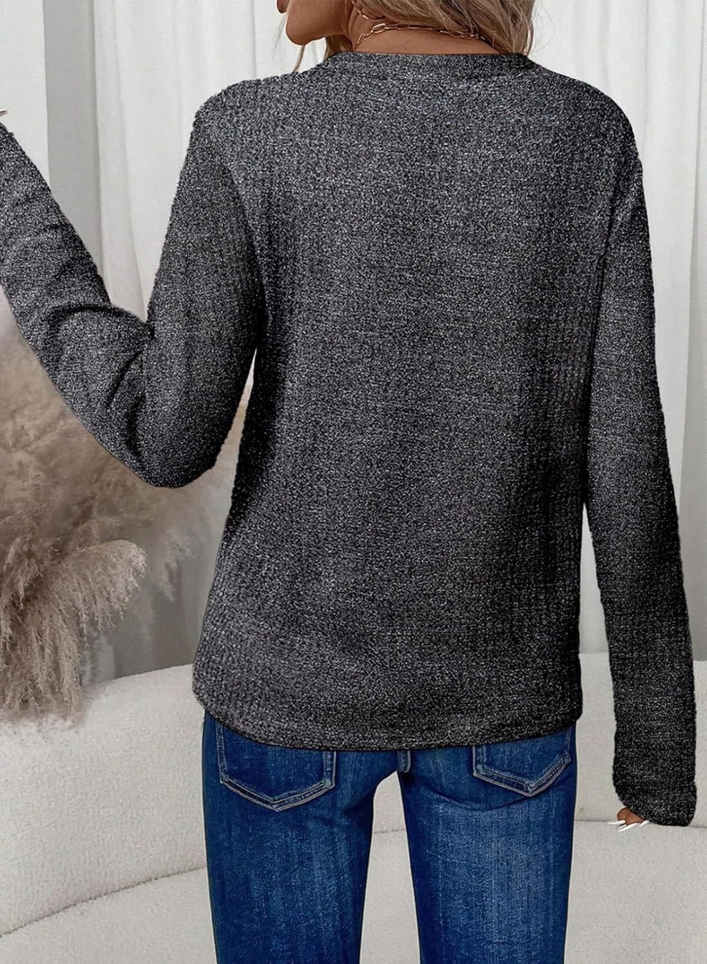Plaid V Neck Loose Casual T-Shirt