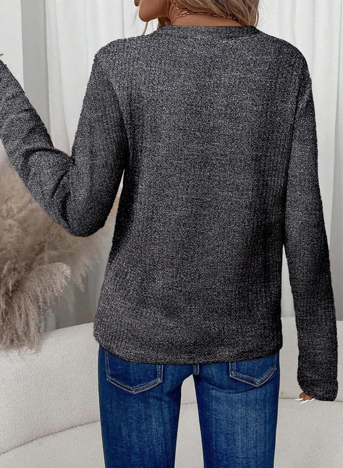 Plaid V Neck Loose Casual T-Shirt