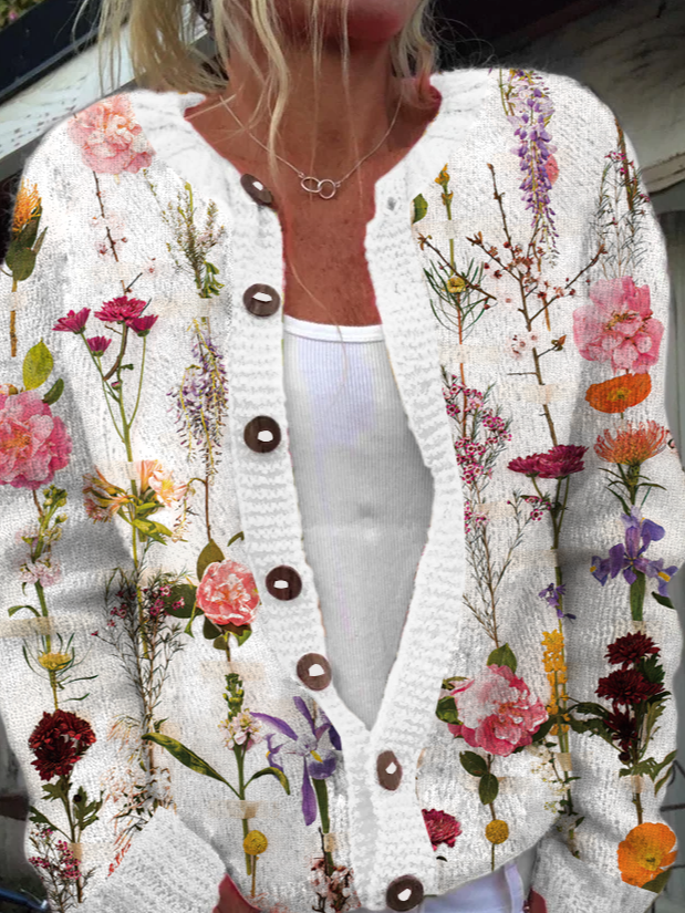 Casual Crew Neck Plants Floral Cardigan