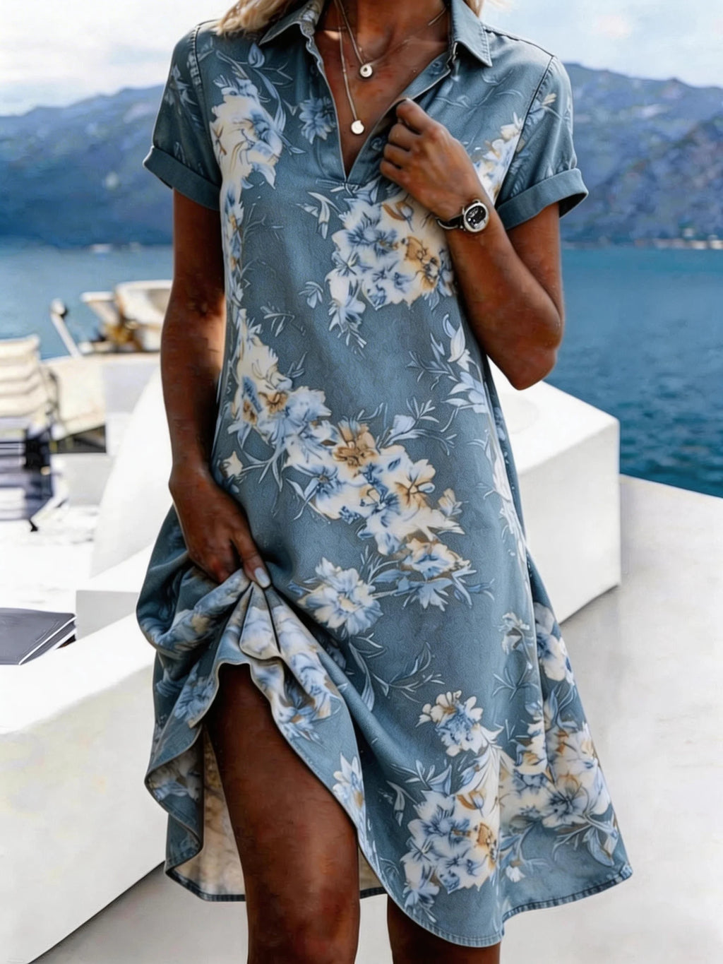 Floral Casual Loose Shirt Collar Shirt Dress With No