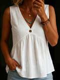 Plain V Neck Sleeveless Button Summer Casual Top
