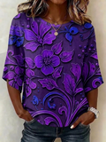Women's Half Sleeve Blouse Summer Purple Floral Printing Crew Neck Daily Going Out Vintage Top