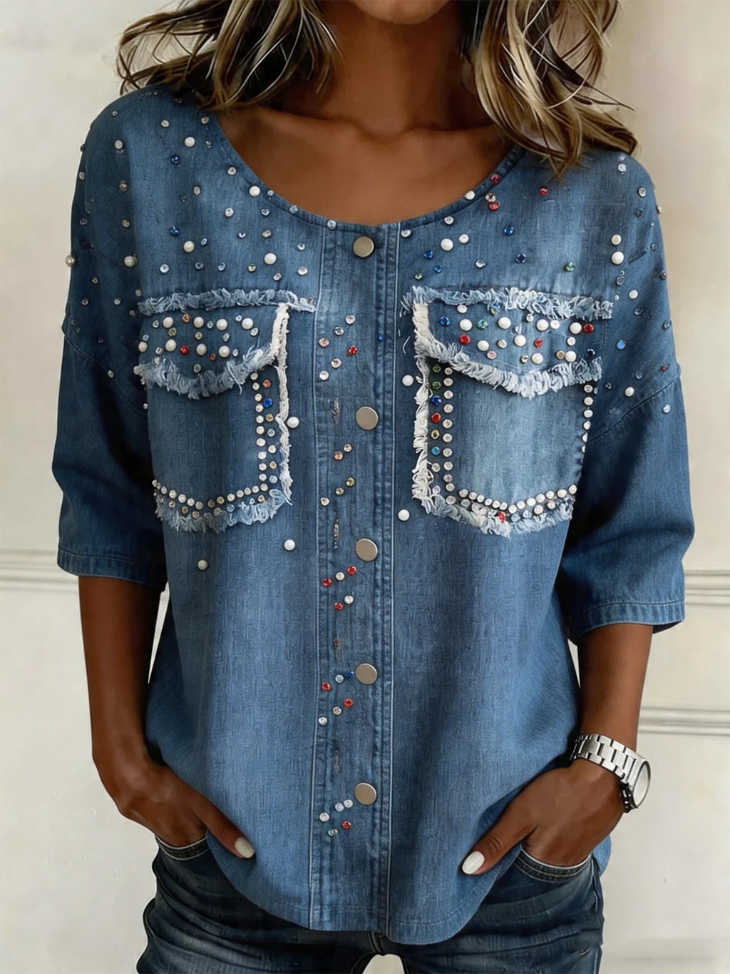 Faux Denim Print Graphic Loose Vintage Crew Neck Shirt