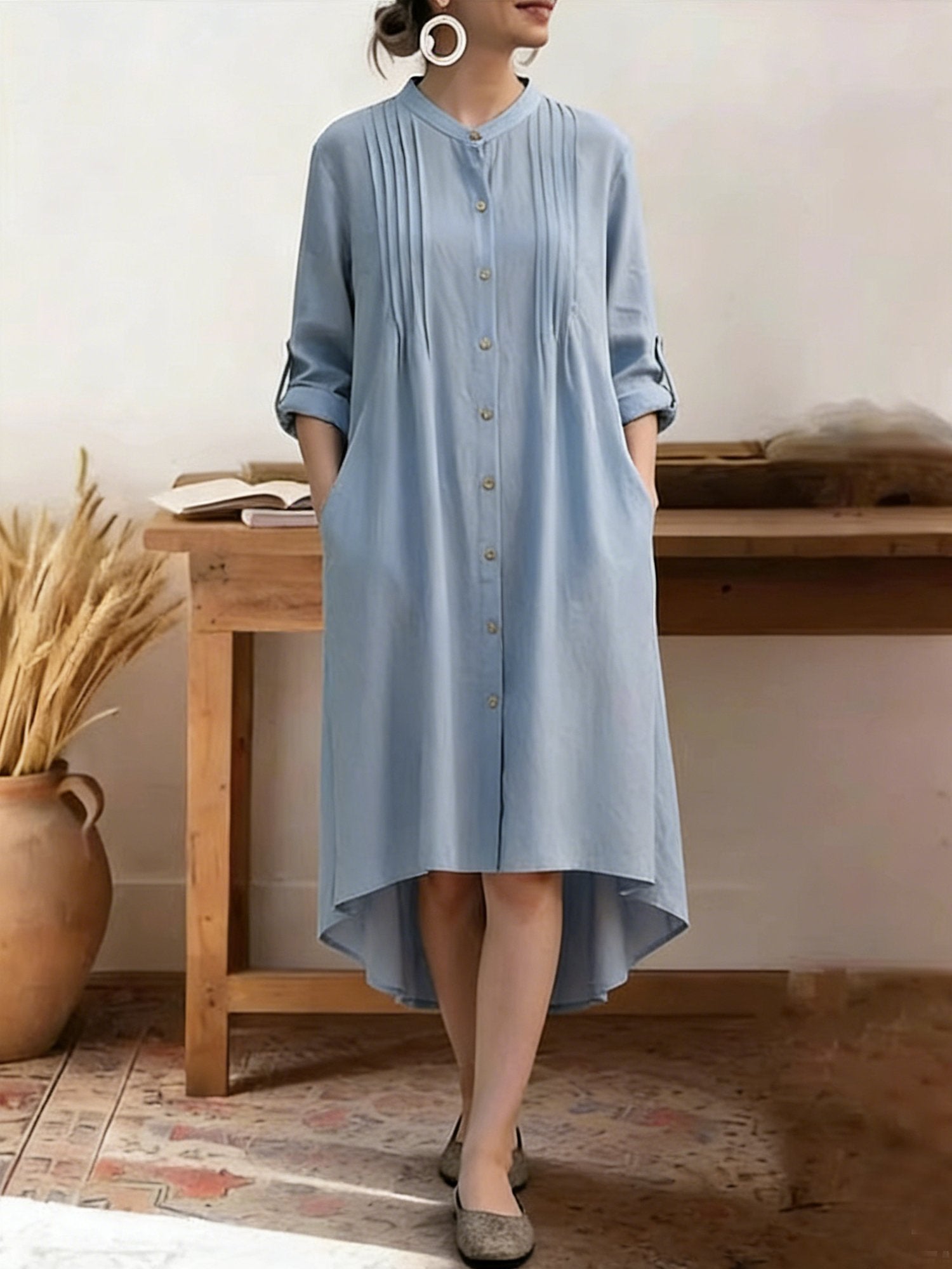 Casual Plain Stand Collar Midi Dress