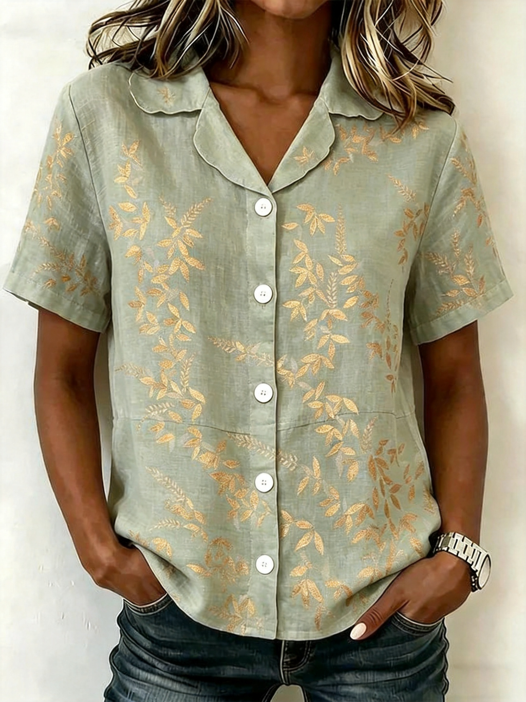 Elegant Floral Shawl Collar Loose Shirt