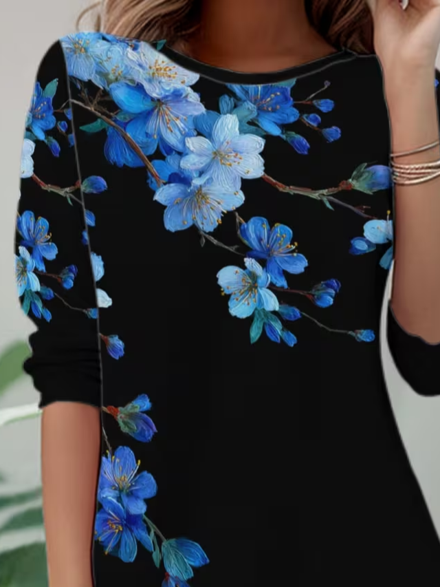 Women's Long Sleeve T-shirt Spring/Fall Black Floral Jersey Crew Neck Daily Going Out Casual Top