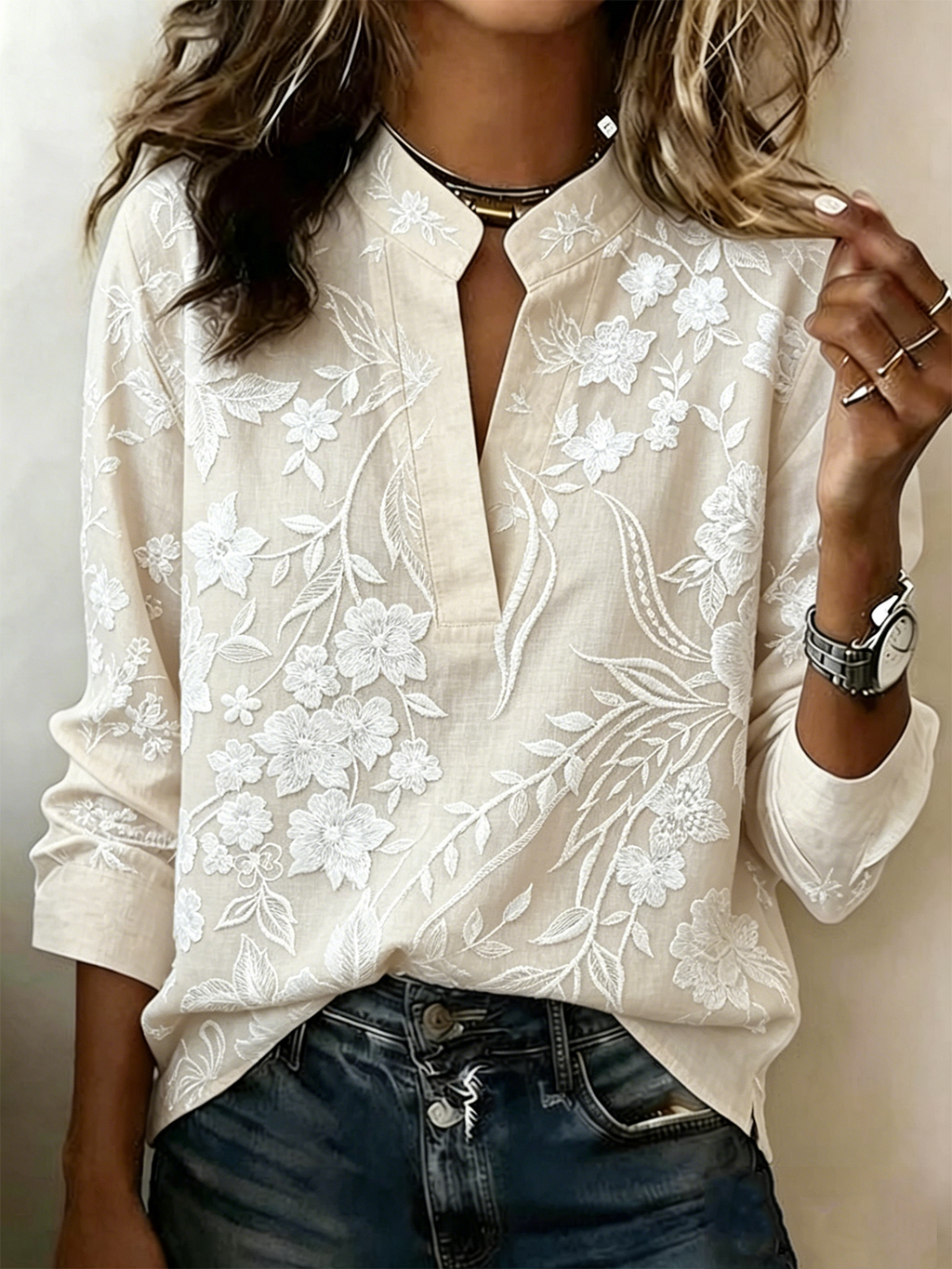 Loose Simple Floral V Neck Blouse