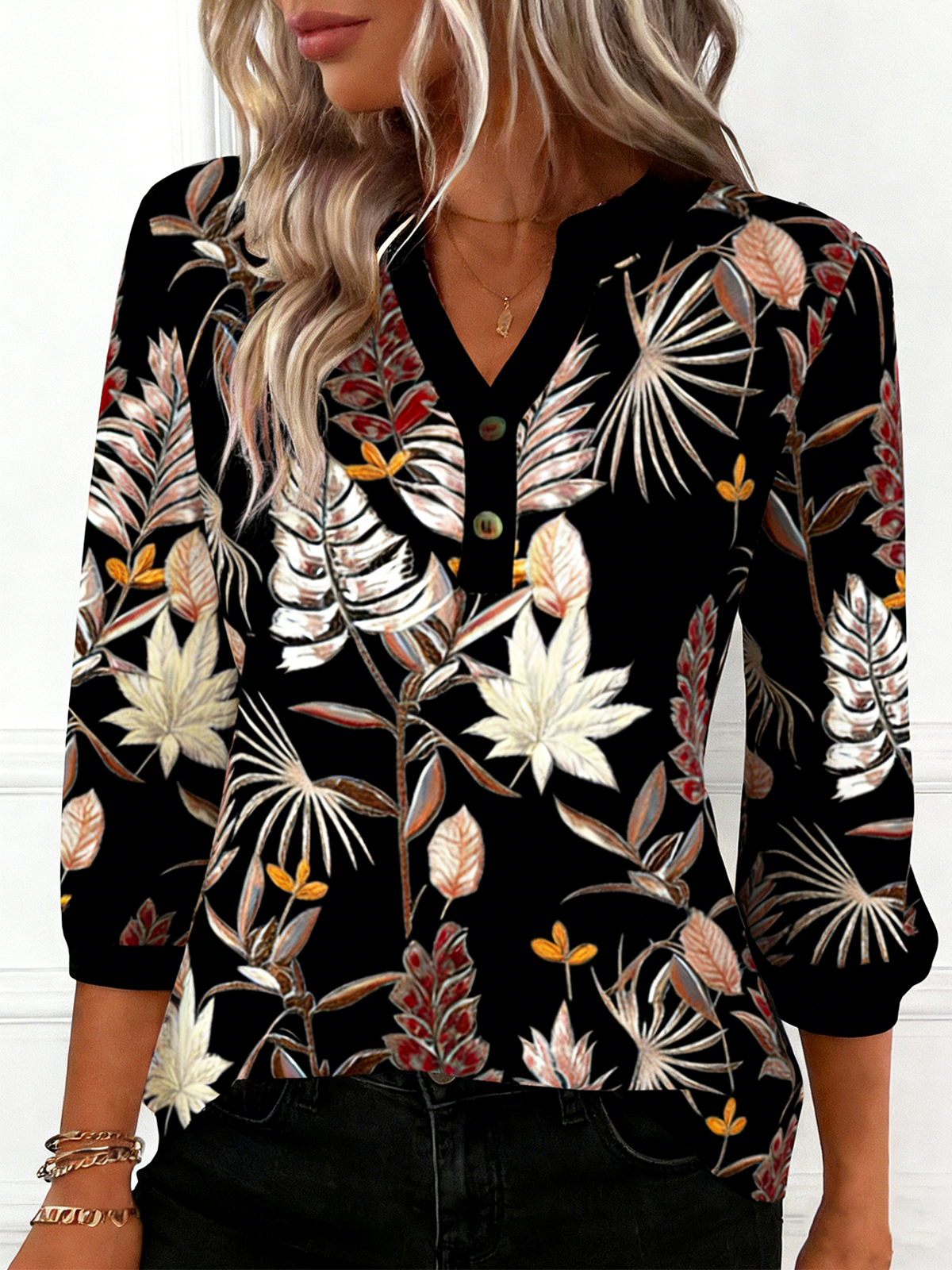 Floral Elegant Loose V Neck T-Shirt