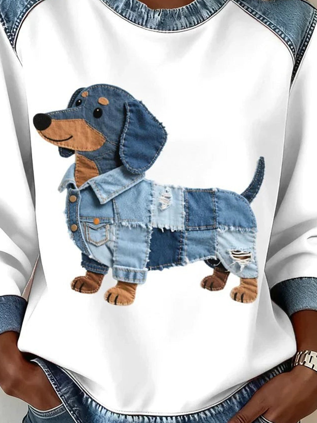 Denim Color Block Animal Crew Neck Long Sleeve Going Out Casual Sweatshirt